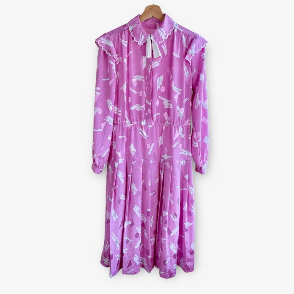 Vintage 1980s Pink Chiffon Dress with Scalloped Collar